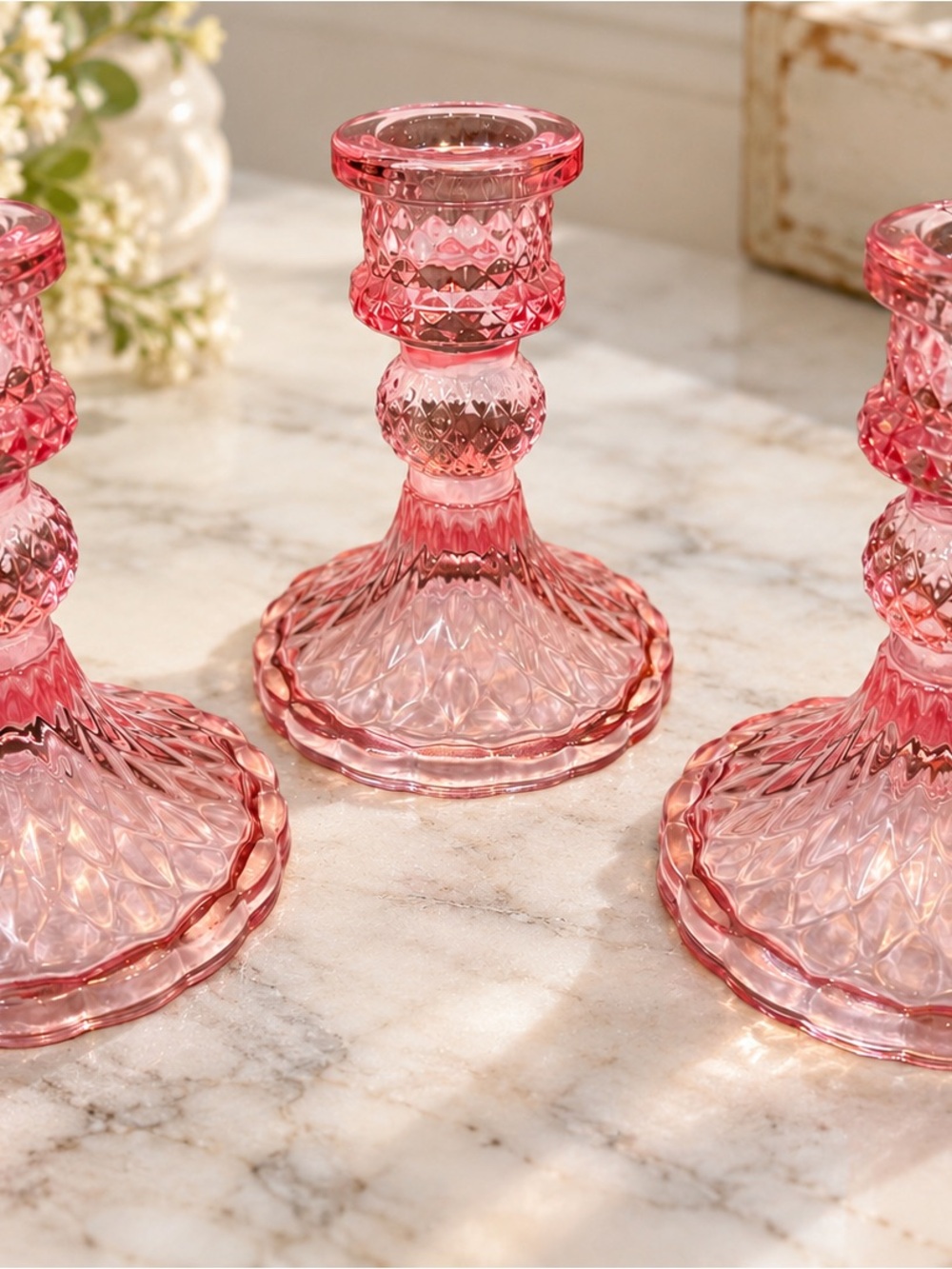 Pink Glass Taper Candle Holders Set of 3 4” Pressed Glass Candlesticks